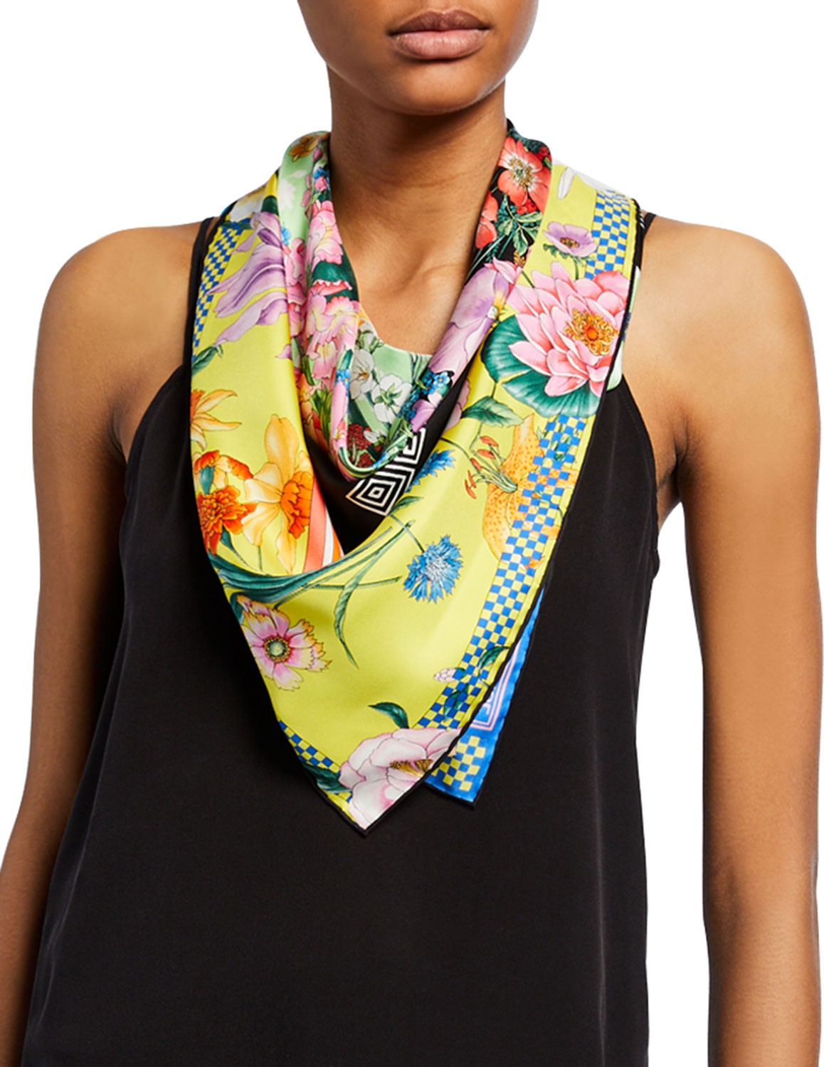 Versace Collection Floral & Checkered Silk Scarf