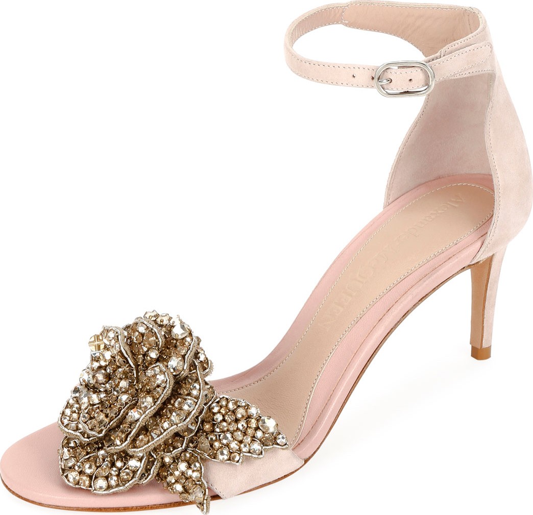 Alexander McQueen Suede Ankle Sandals with Crystal Flower