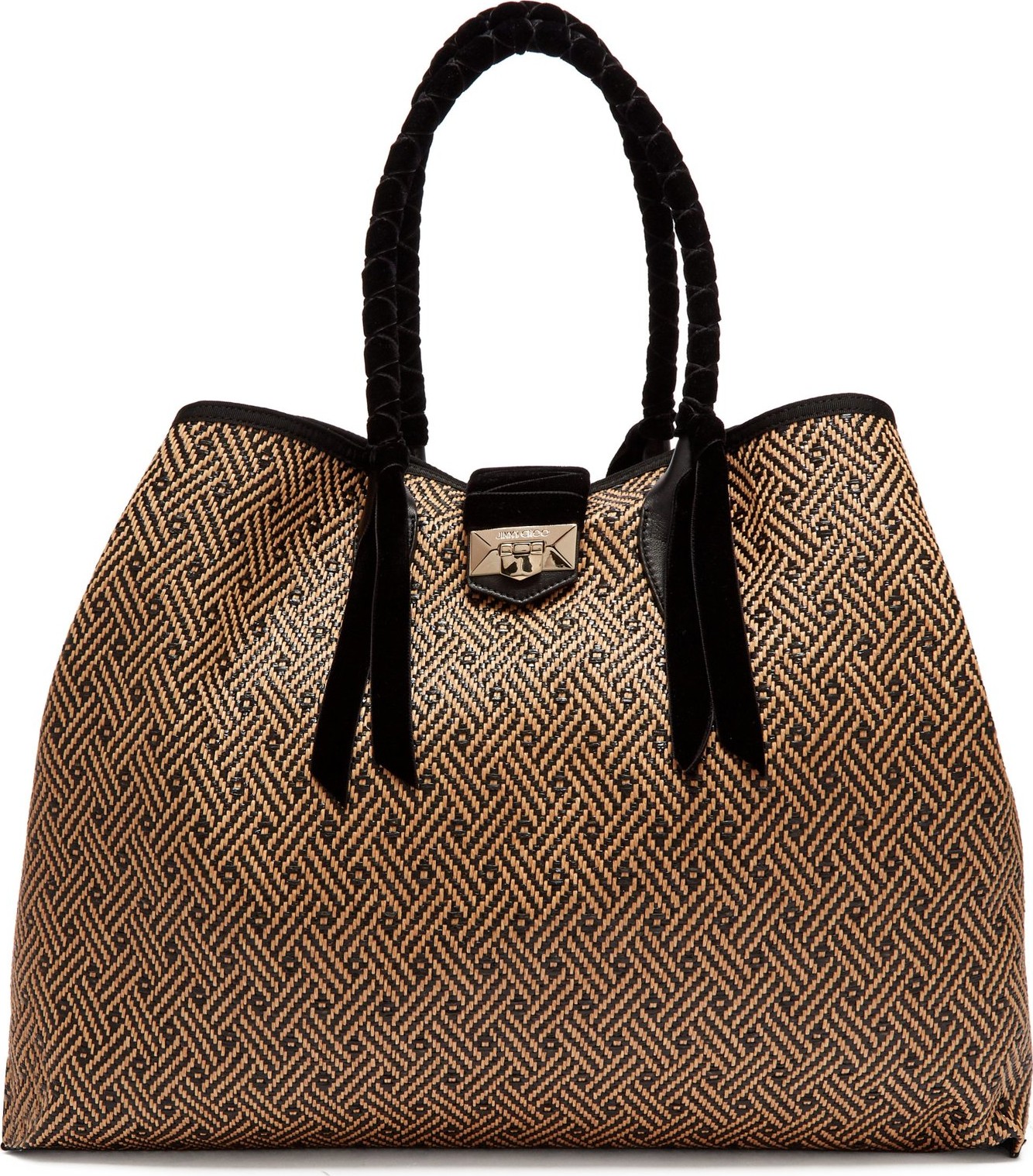 Jimmy Choo Marianne geometric raffia and velvet tote bag