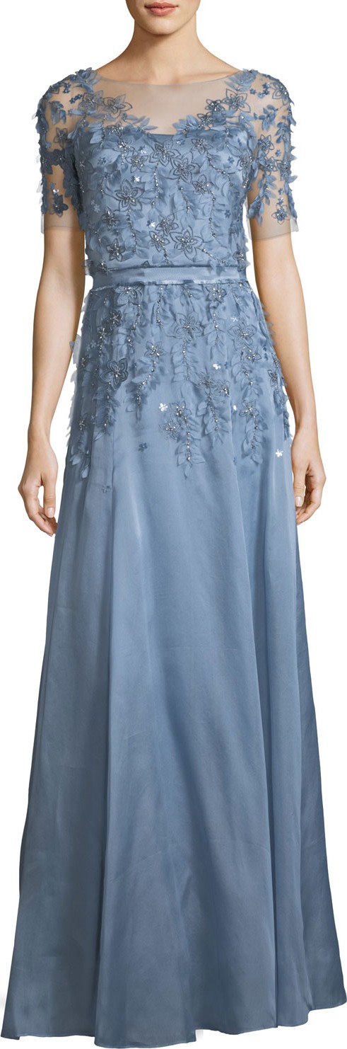 Jenny Packham Short-Sleeve 3-D Floral Embroidered Evening Gown