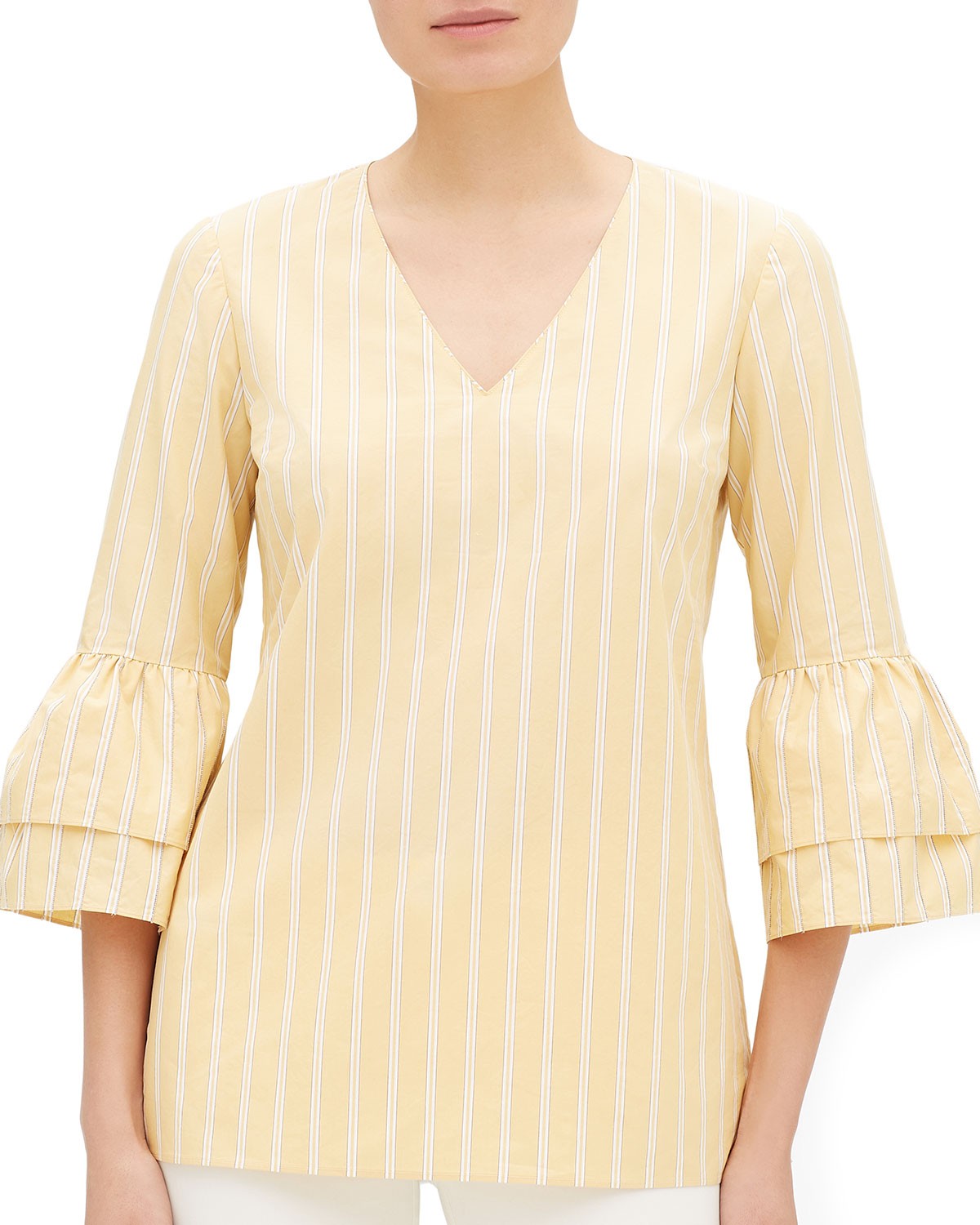 Lafayette 148 New York Fabrice Sunbeam-Striped V-Neck Bell-Sleeve Blouse