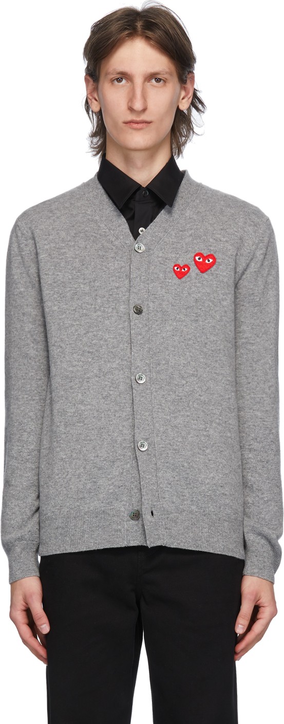 Comme Des Garcons PLAY Grey Wool Double Heart Cardigan