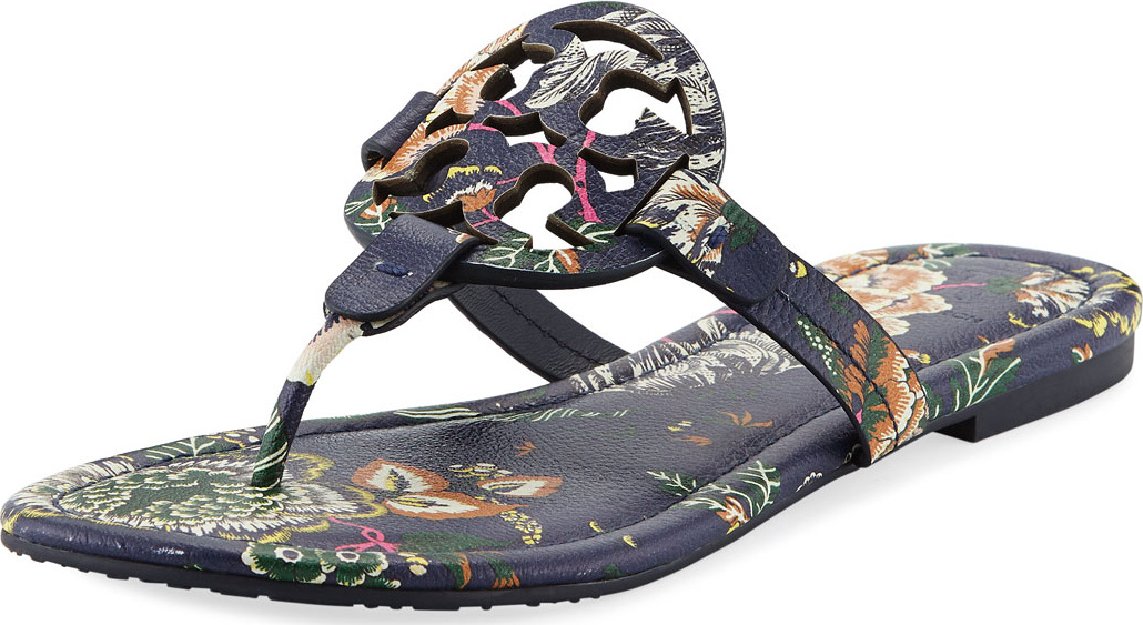 Tory Burch Miller Medallion Floral-Print Leather Flat Thong Sandals