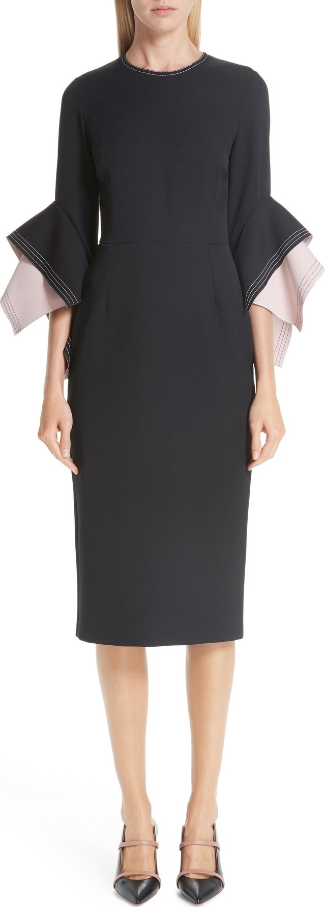 Roksanda Bicolor Flutter Sleeve Crepe Sheath Dress