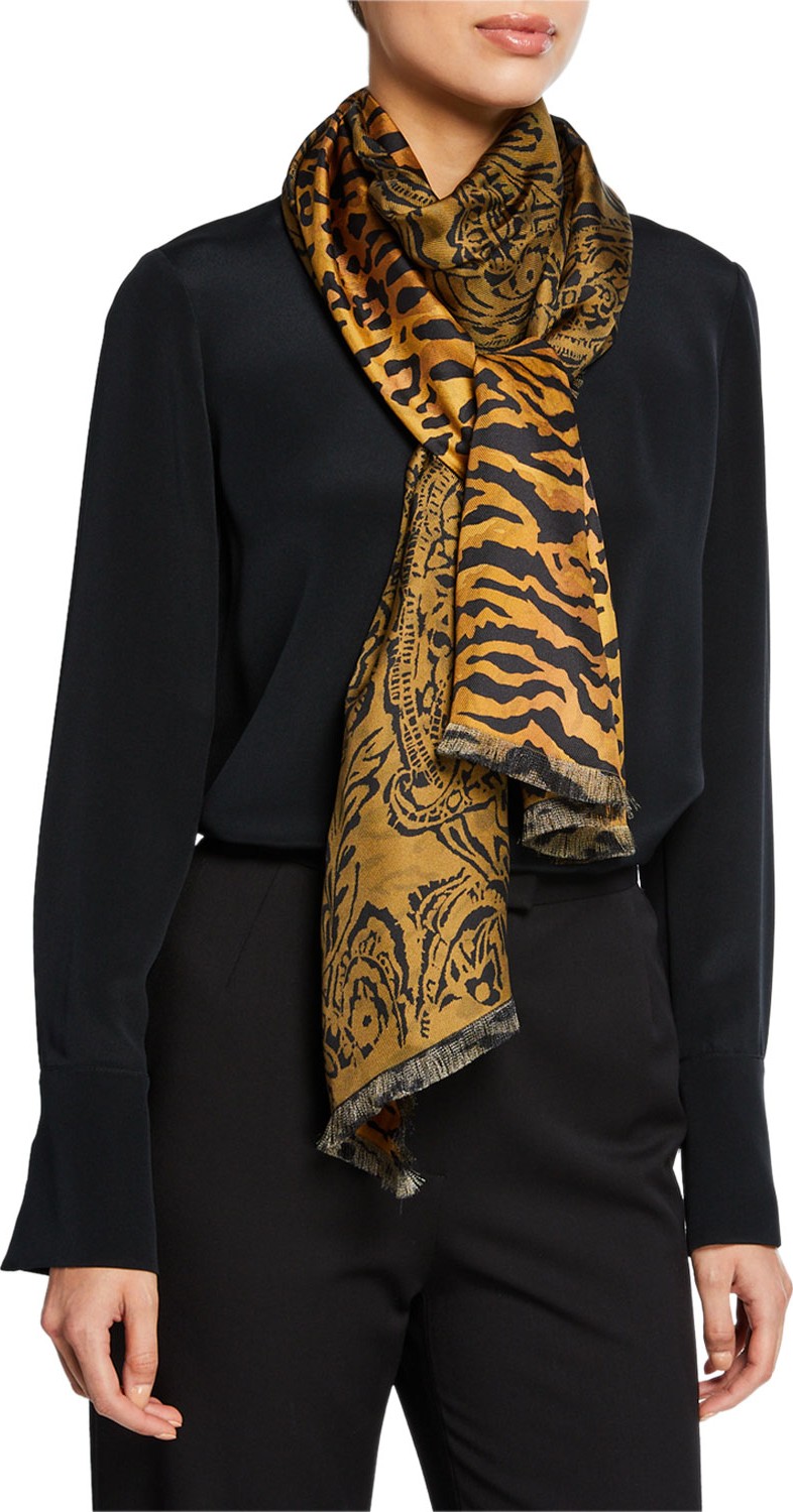 Etro Double Faced Paisley & Tiger Silk Scarf
