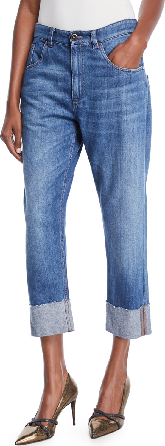Brunello Cucinelli Straight-Leg Cropped Jeans with Monili Trim