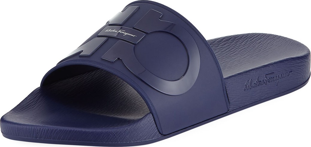 Salvatore Ferragamo Men's Gancini Pool Slide Sandals, Blue