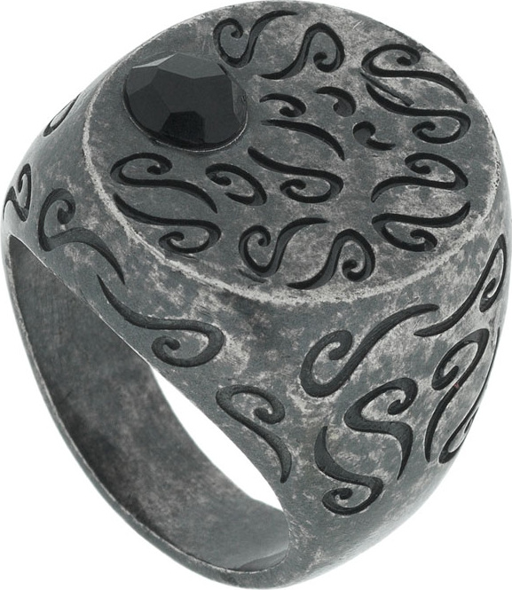 Marco Ta Moko Men's Round Oxidized Silver Ring with Onyx, Size 9.5