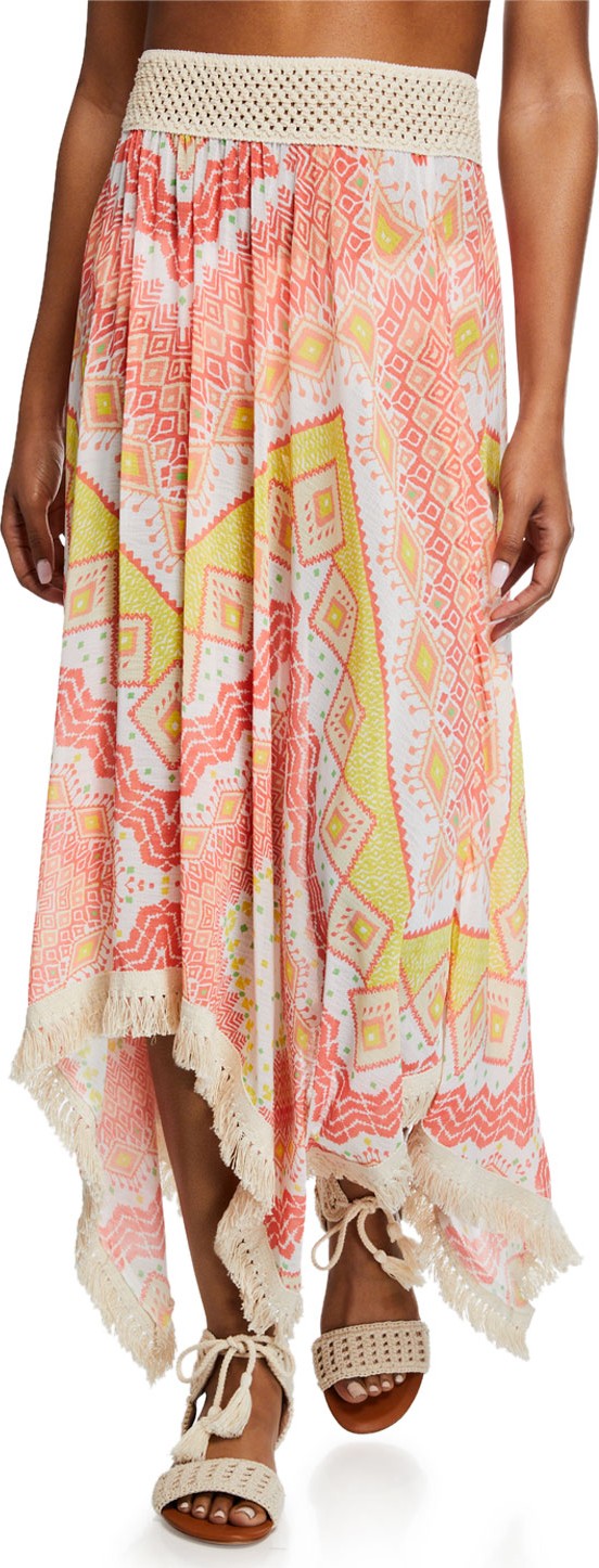 Ramy Brook Riviera Printed Handkerchief Long Skirt with Fringe
