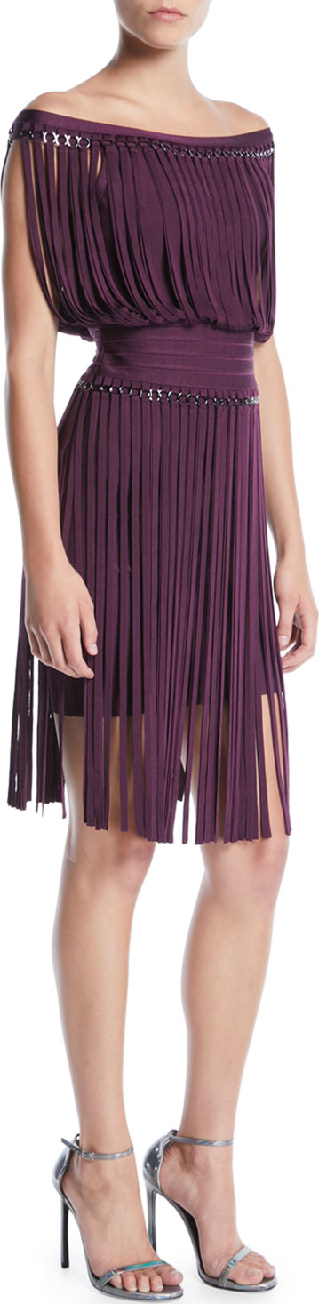 Herve Leger Off-the-Shoulder Fringe & Hardware Cocktail Dress