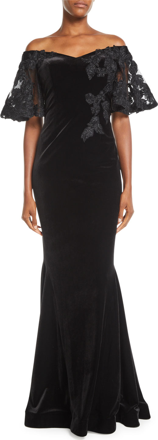 Rickie Freeman for Teri Jon Off-the-Shoulder Velvet Mermaid Gown w/ Embroidery