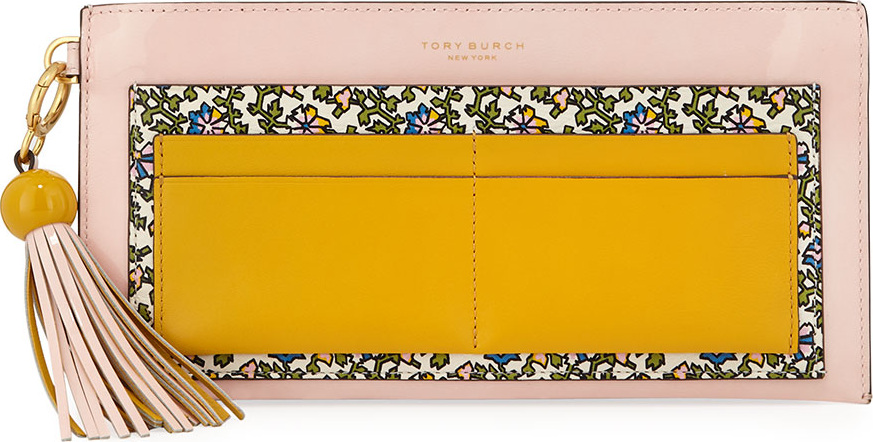 Tory Burch Colorblock Printed Top Zip Wallet with Tassel