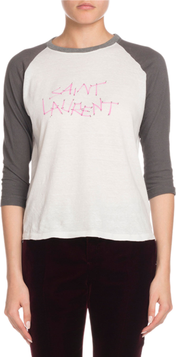 Saint Laurent Crewneck 3/4-Sleeve Logo Rugby Tee