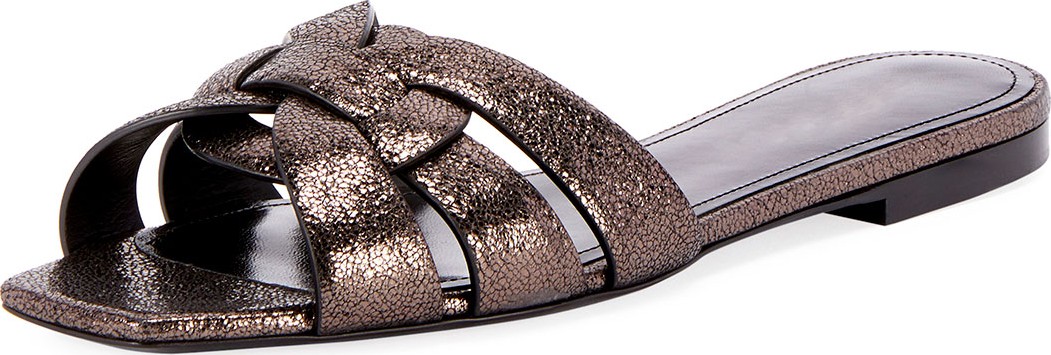 Saint Laurent Tribute Flat Crackled Metallic Slide Sandals