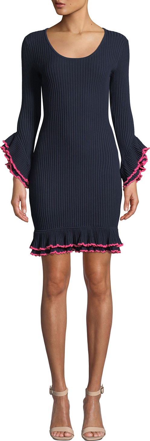 MILLY Rib-Knit Ruffle-Sleeve Dress w/ Contrast Trim