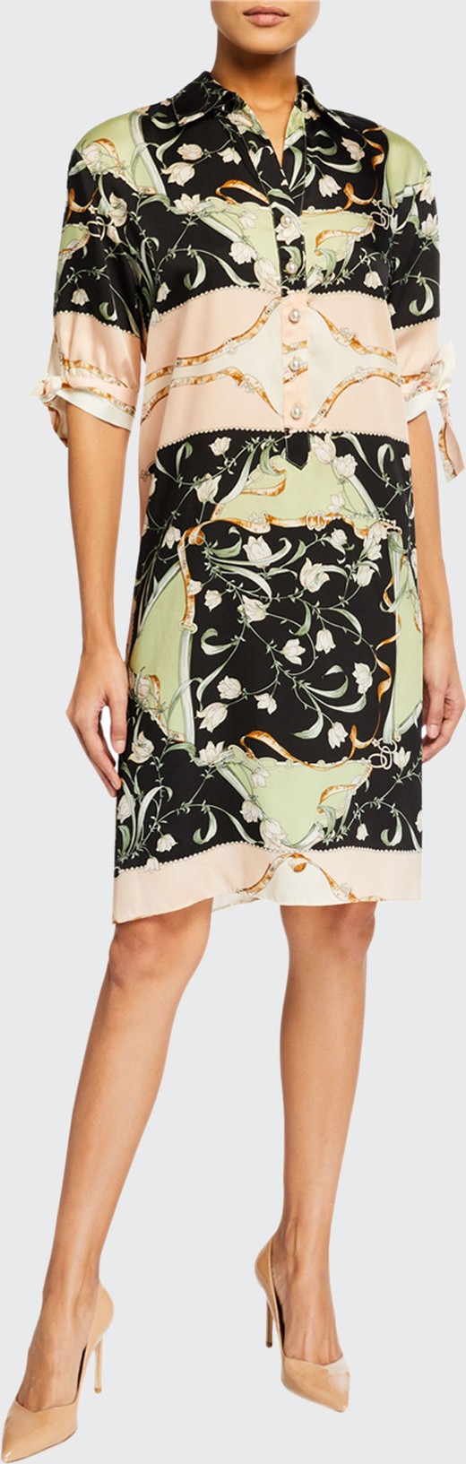 Rickie Freeman for Teri Jon Geo Print Elbow-Sleeve Shirtdress