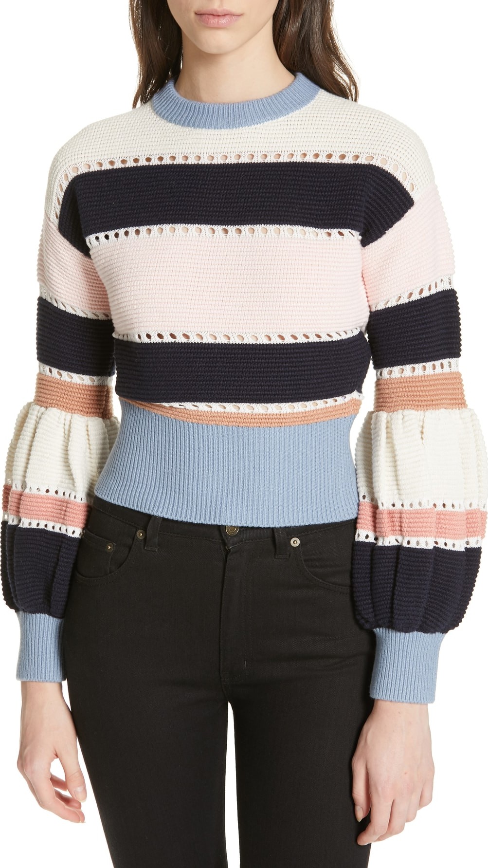 Self Portrait Stripe Puff Sleeve Crop Sweater
