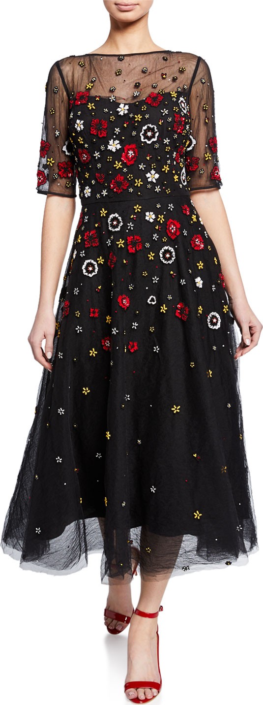 Rickie Freeman for Teri Jon Beaded 3D Floral Embroidered Midi Tulle Dress