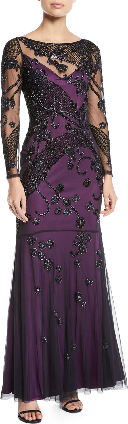 Parker Sophia Sheer Floral Long-Sleeve Gown Dress