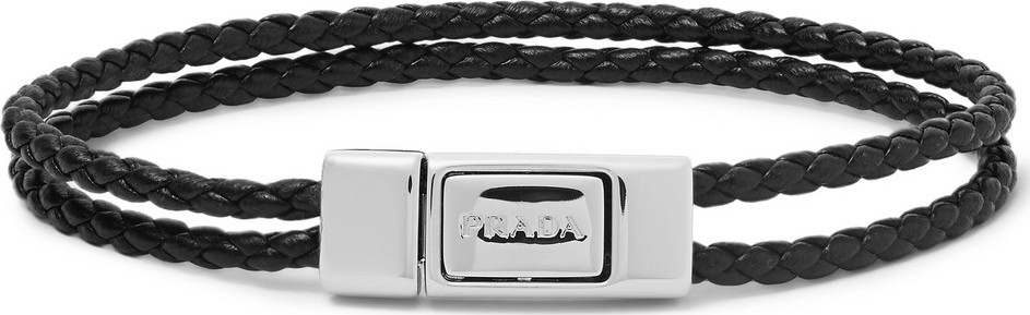 Prada Woven Leather and Gunmetal-Tone Bracelet