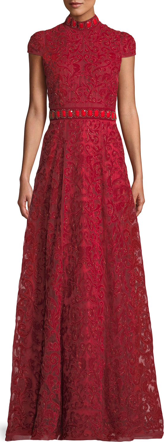 Alice + Olivia Nidia Embellished Velvet Mock-Neck Gown