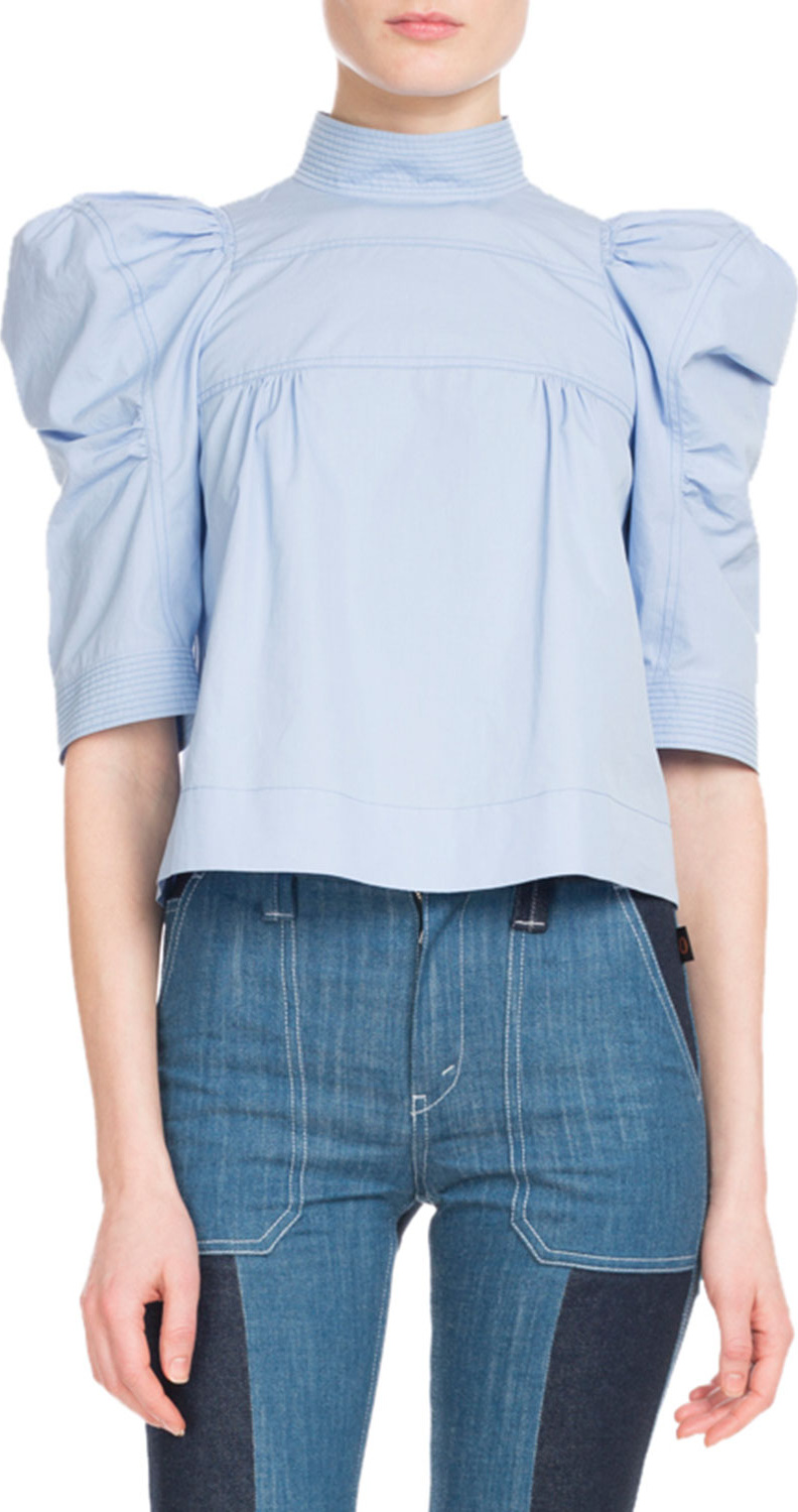Chloe Elbow-Sleeve Mock-Neck Cotton Poplin Cropped Blouse