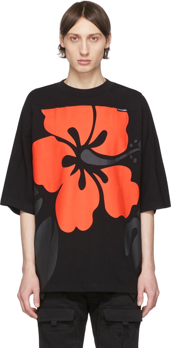 Palm Angels Black & Red Hibiscus Logo T-Shirt