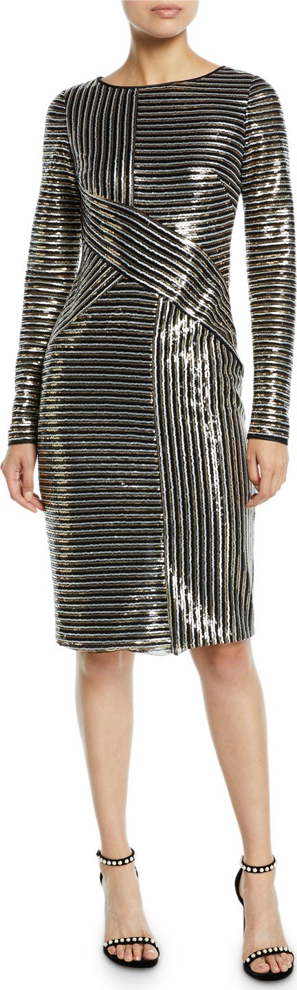 Theia Long-Sleeve Asymmetric Sequin Striped Dress