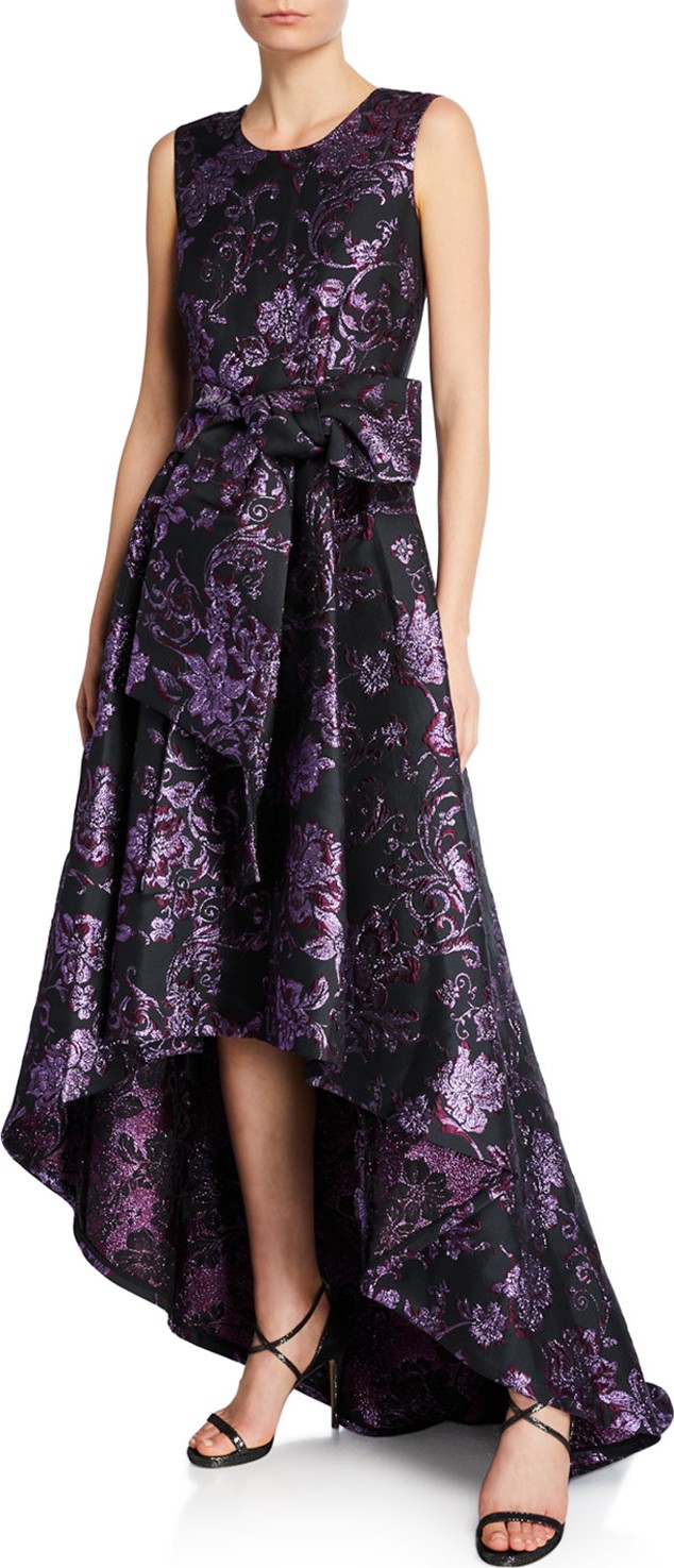 ZAC Zac Posen Clarissa Sleeveless Gilded Jacquard High-Low Gown with Bow