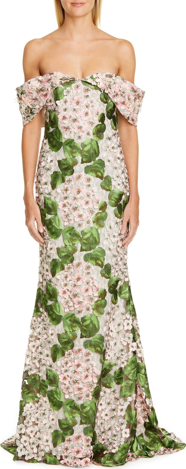 Badgley Mischka Badgley Mischka Couture Off the Shoulder Floral Embellished Gown