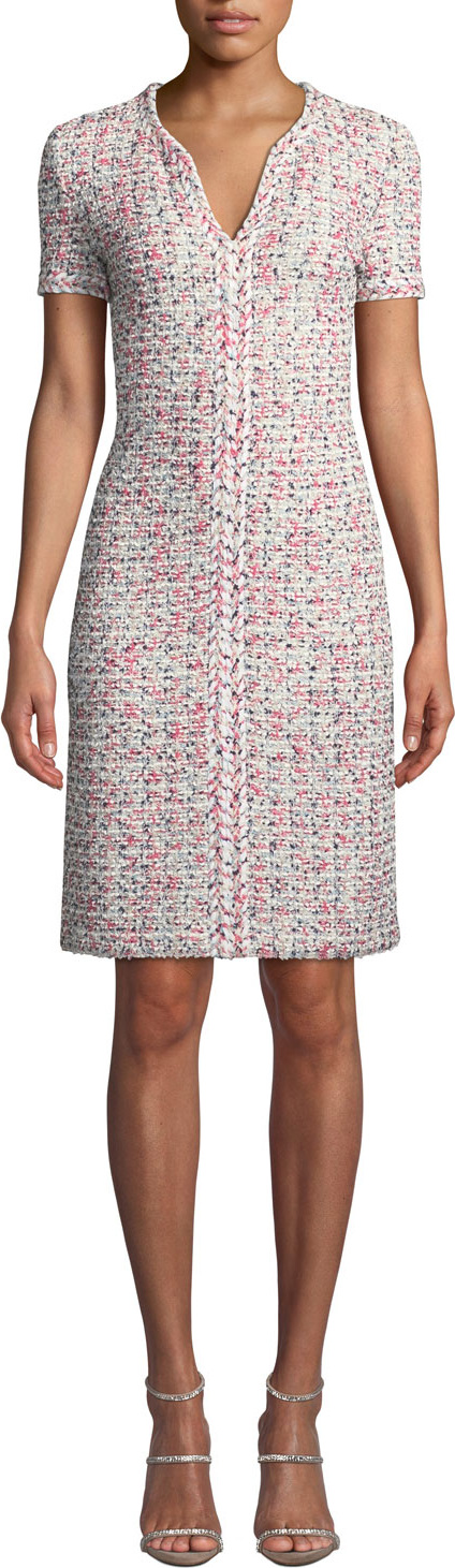 St. John V-Neck Short-Sleeve Modern Pointelle Knit Dress w/ Braided Trim