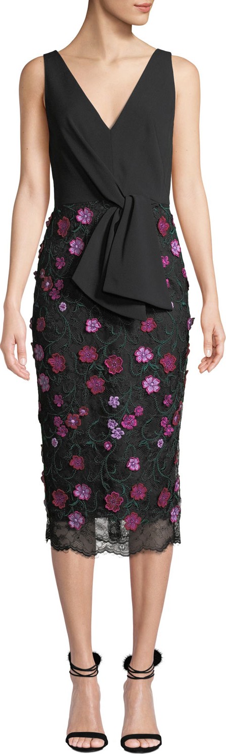 Lela Rose V-Neck Sleeveless Tie-Front Dress w/ Floral Lace Skirt