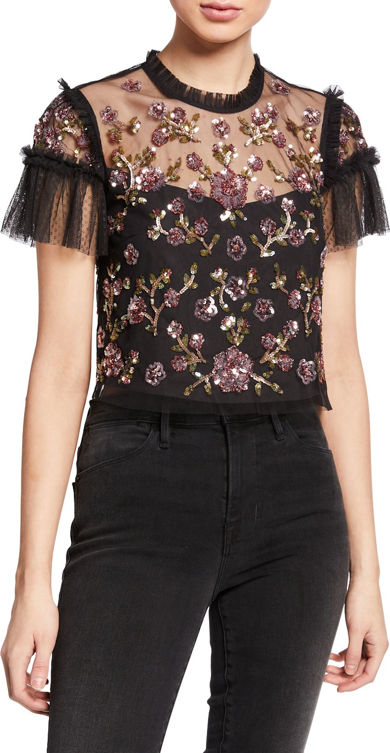 Needle & Thread Carnation Sequined Tulle Cropped Blouse