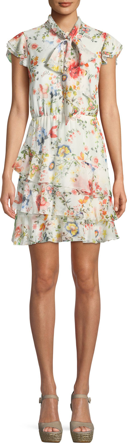 Alice + Olivia Leslie Tie-Neck Floral-Print Silk Ruffle Dress