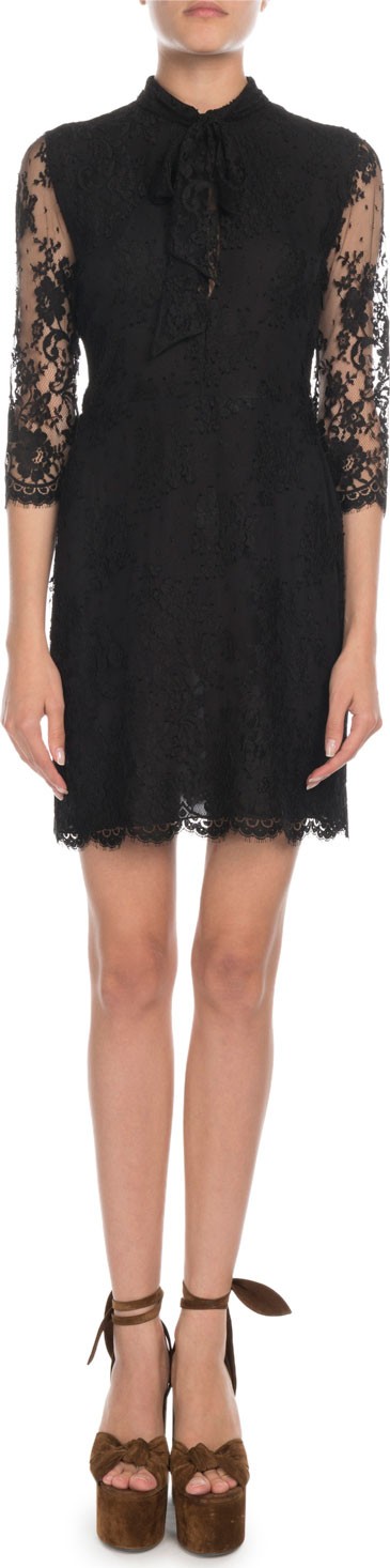 Saint Laurent Vintage-Lace 3/4-Sleeve Dress