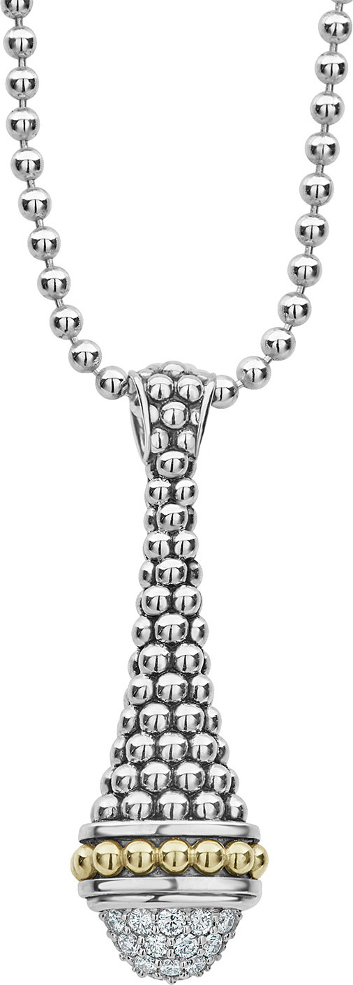LAGOS Silver & 18k Gold Diamond Caviar Pendant Necklace, 34"L