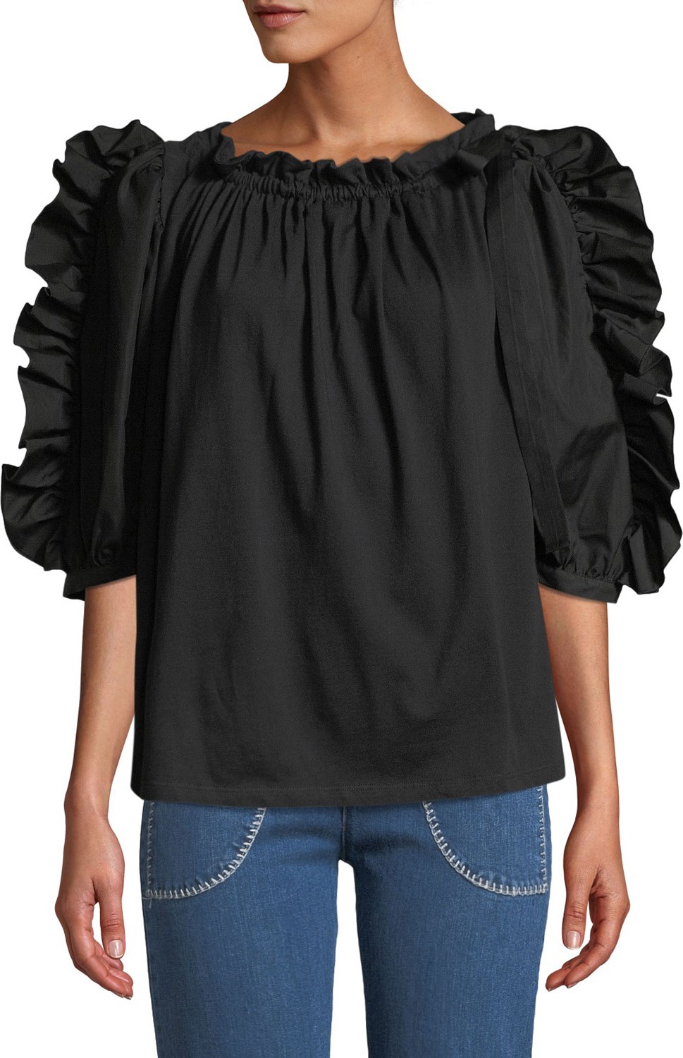 See By Chloé Frilled Poplin Boat-Neck 3/4-Sleeve Blouse