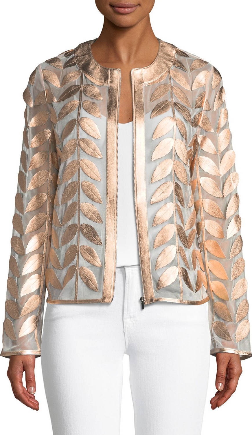 Neiman Marcus Metallic Leather Leaf & Mesh Combo Jacket