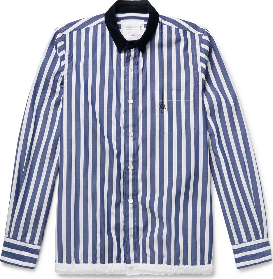 Sacai + Dr. Woo Embroidered Corduroy-Trimmed Striped Cotton Shirt