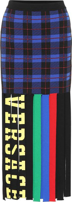 Versace Fringed checked wool-blend skirt