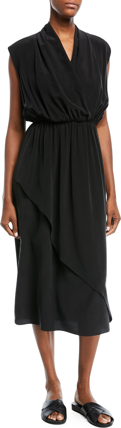 Vince Draped Sleeveless Cross-Front Midi Dress