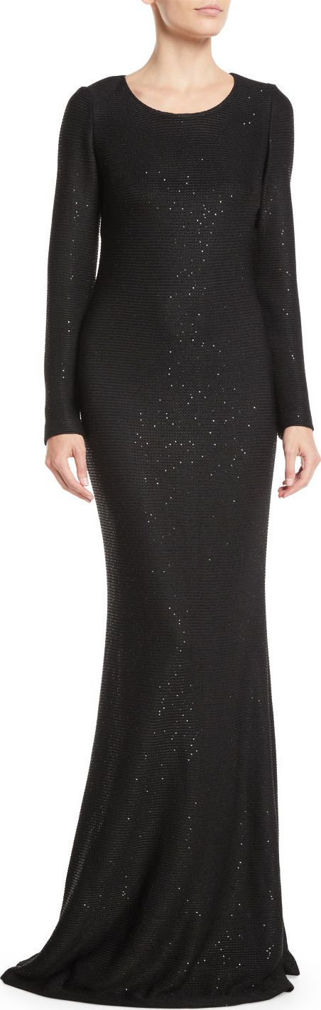 St. John Long-Sleeve Cross-Back Links Sequin Knit Evening Gown