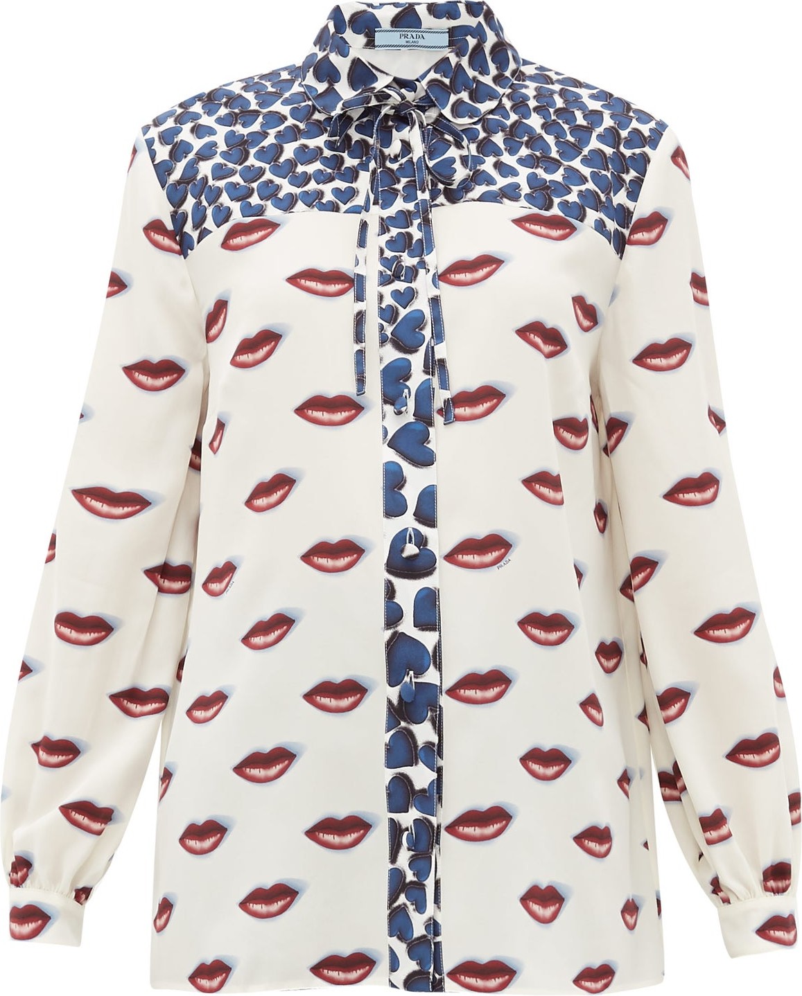 Prada Hearts and lip-print silk blouse