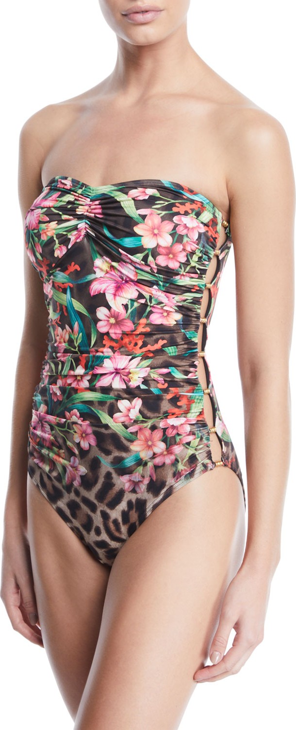 Carmen Marc Valvo Floral Leopard Bandeau One-Piece Swimsuit