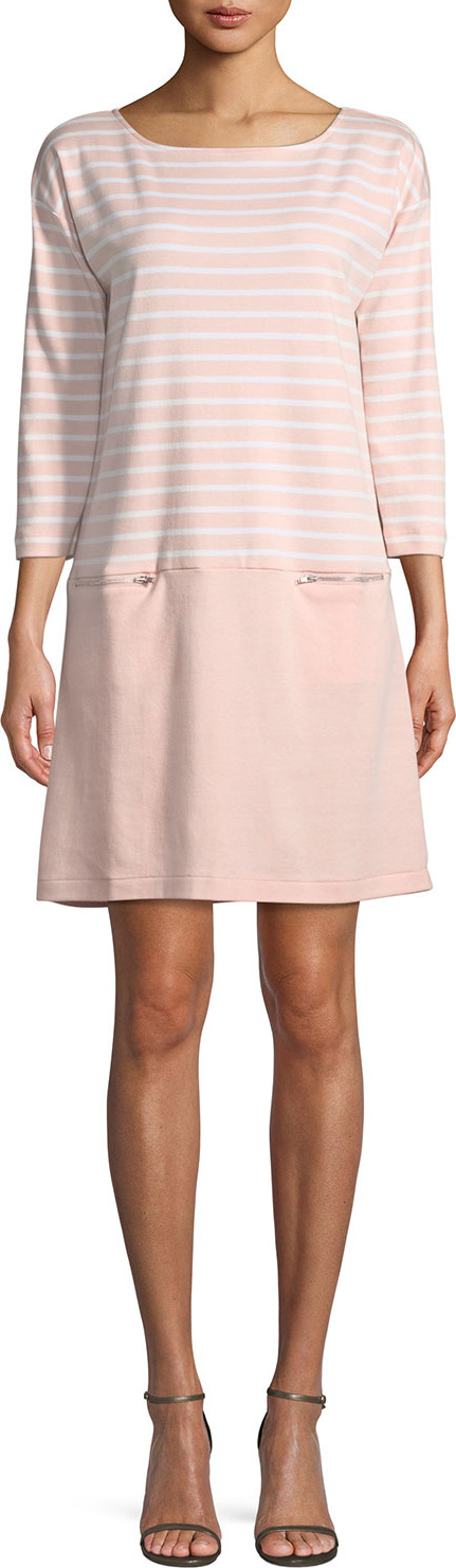 Joan Vass Striped Interlock Dress w/ Zip Pockets