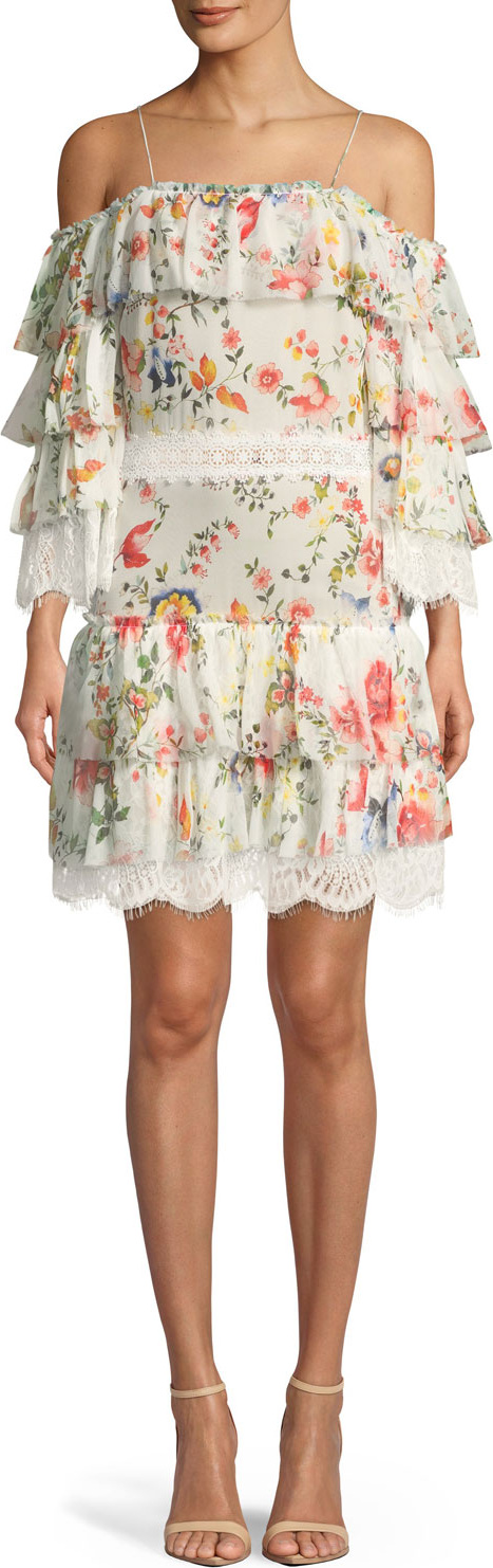 Alice + Olivia Santos Cold-Shoulder Floral-Print Tiered Silk Dress w/ Lace Trim