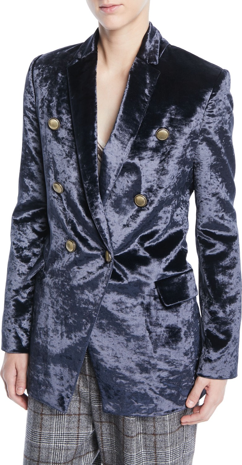 Brunello Cucinelli Double-Breasted Crushed Velvet Blazer w/ Brass Button