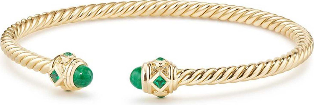 David Yurman 18k Gold Renaissance CableSpira Bangle Bracelet w/ Emeralds, Size L