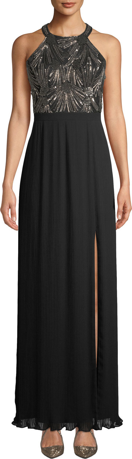 Aidan Mattox Beaded & Chiffon Pleated Halter Gown