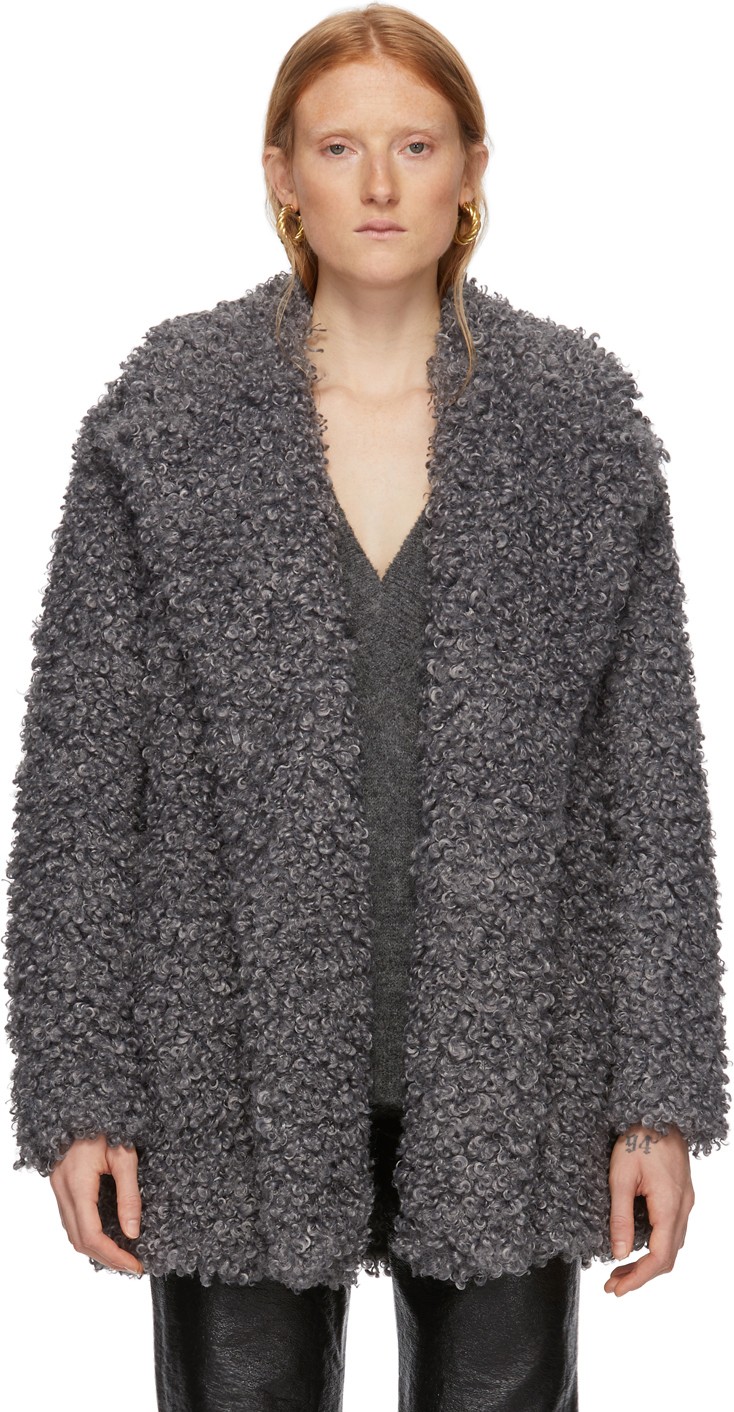 Tibi Grey Faux Curly Lamb Coat